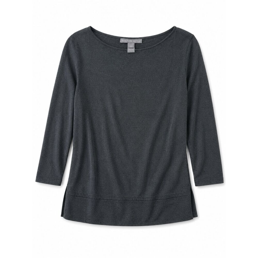 Saks Fifth Avenue S Charcoal Gray Knit Top 3/4 Sleeve Boat Neck Layered Hem